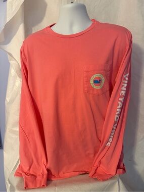 Vineyard Vines Coral Pocket Long-Sleeve Tee with Sleeve Logo